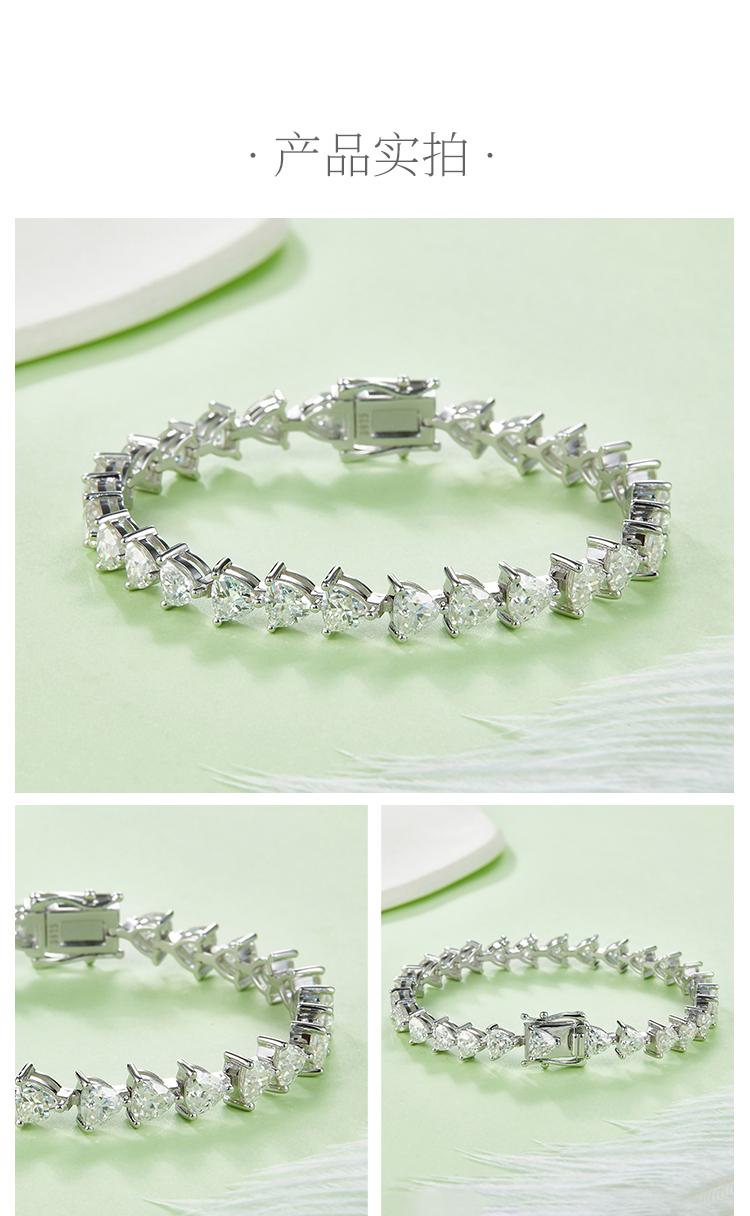 三角形拼石网球链S925银镀白金手链莫桑钻0.5CT/粒DVVS - 4